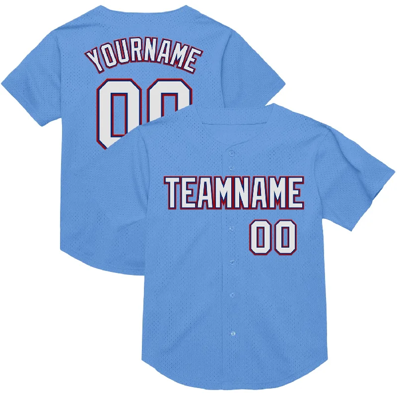 Baseball Jersey With Patches-Custom Light Blue Royal-Red Mesh Authentic Throwback Baseball Jersey