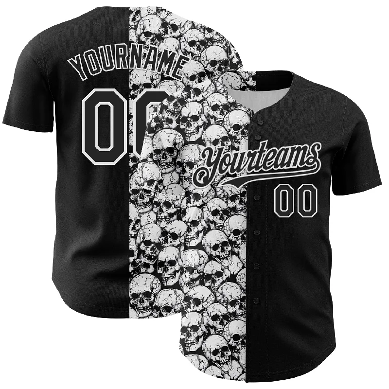 Baseball Jersey With Contrast Sleeves-Custom Black White 3D Pattern Design Rave Skull Authentic Baseball Jersey