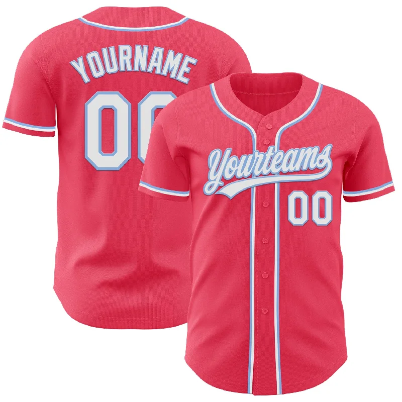 Baseball Jersey With Replica Design-Custom Neon Pink Light Blue-White Authentic Baseball Jersey