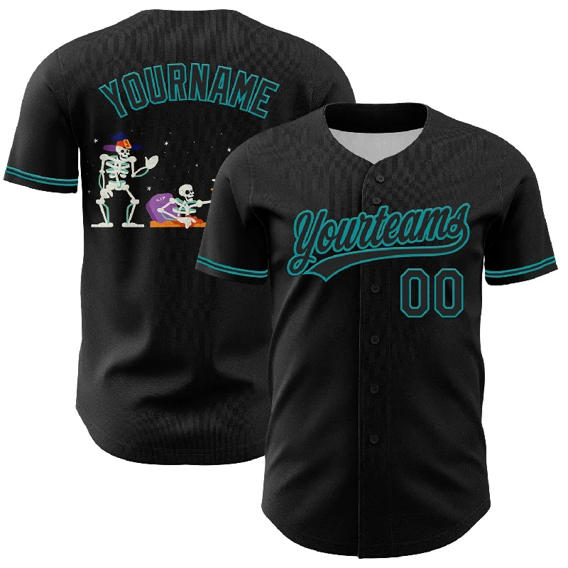 Baseball Jersey With Classic Baseball Script-Custom Black Teal 3D Halloween Authentic Baseball Jersey