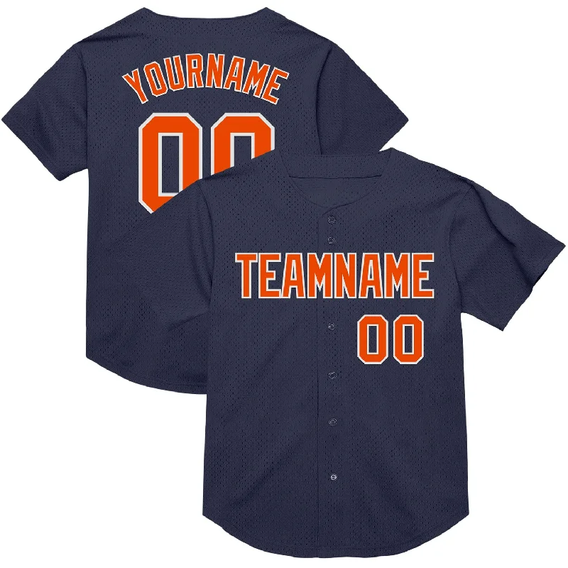 Baseball Jersey With Quick-Dry Material-Custom Navy Orange-White Mesh Authentic Throwback Baseball Jersey