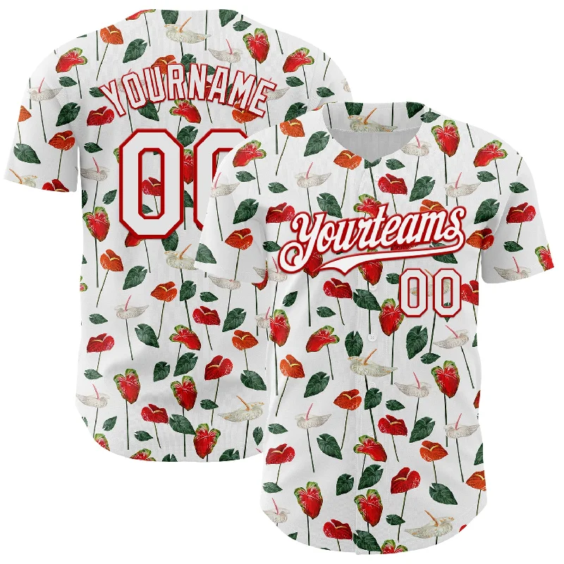 Baseball Jersey With Side Zippers-Custom White Red 3D Pattern Design Tropical Anthurium Flower Authentic Baseball Jersey