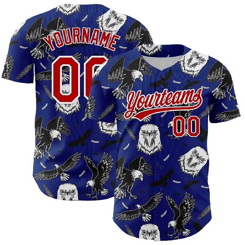 Baseball Jersey With Zipper-Custom Royal Red-White 3D Pattern Design American Eagle Authentic Baseball Jersey