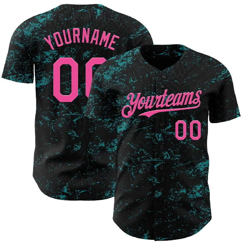 Baseball Jersey With Mesh Side Panels-Custom Black Pink-Teal 3D Pattern Design Abstract Splatter Texture Authentic Baseball Jersey