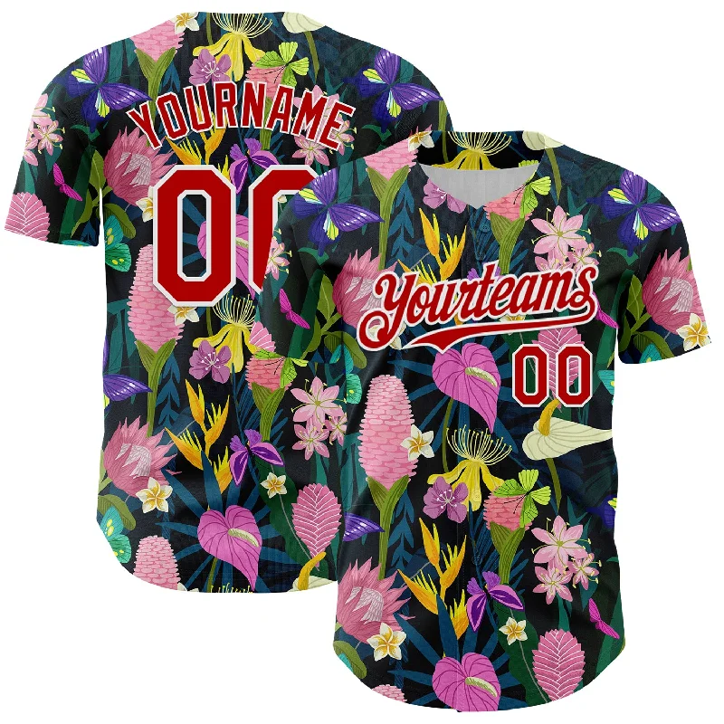 Baseball Jersey With Drawstring Hood-Custom Black Red-White 3D Pattern Design Tropical Anthurium Flower Authentic Baseball Jersey