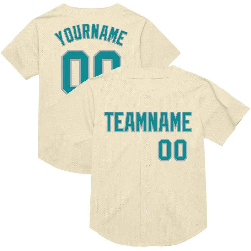 Baseball Jersey With Round Neck-Custom Cream Teal-Gray Mesh Authentic Throwback Baseball Jersey