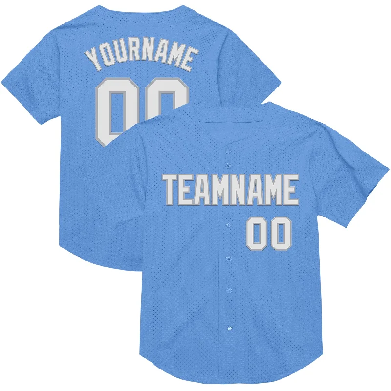 Baseball Jersey With Embroidery-Custom Light Blue White-Gray Mesh Authentic Throwback Baseball Jersey