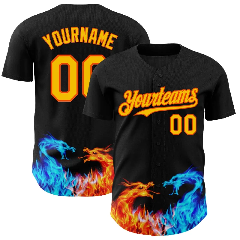 Baseball Jersey With Hooded Design-Custom Black Yellow-Orange 3D Pattern Design Fire Dragon Authentic Baseball Jersey