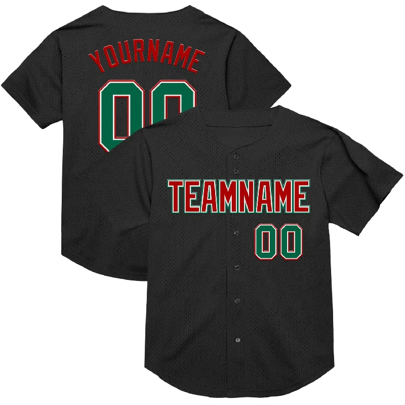 Baseball Jersey With Sleeveless Design-Custom Black Kelly Green-Red Mesh Authentic Throwback Baseball Jersey