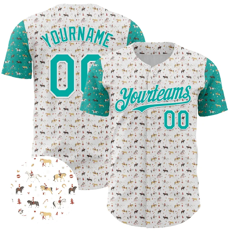 Baseball Jersey With Player Autograph-Custom White Aqua 3D Pattern Design Rodeo Cowboy Authentic Baseball Jersey