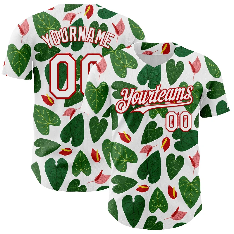 Baseball Jersey With Organic Cotton-Custom White Red 3D Pattern Design Tropical Anthurium Flower Authentic Baseball Jersey