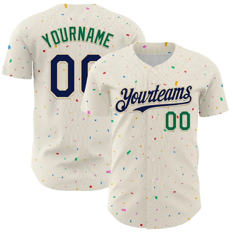 Baseball Jersey With Pop Culture References-Custom Cream Navy-Kelly Green 3D Pattern Design Confetti Authentic Baseball Jersey