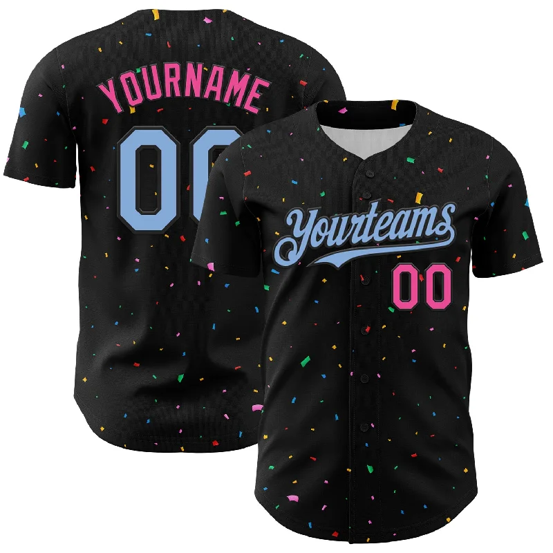 Baseball Jersey With Asymmetrical Design-Custom Black Light Blue-Pink 3D Pattern Design Confetti Authentic Baseball Jersey