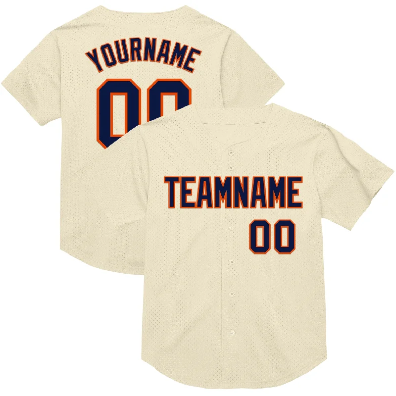 Baseball Jersey With Bold Lettering-Custom Cream Navy-Orange Mesh Authentic Throwback Baseball Jersey