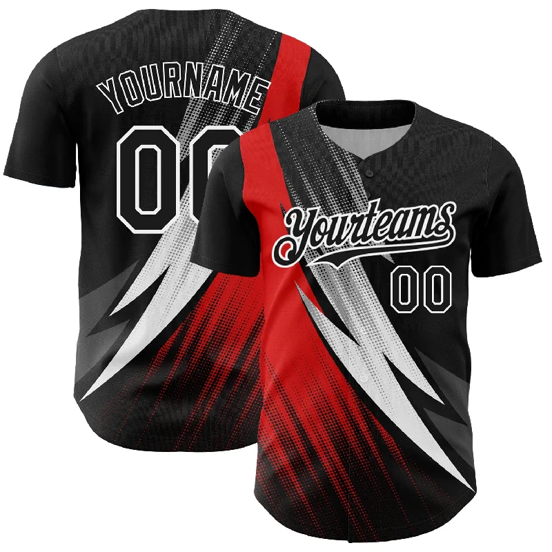 Baseball Jersey With Reflective Details-Custom Black Red-White 3D Pattern Design Geometric Shape Authentic Baseball Jersey