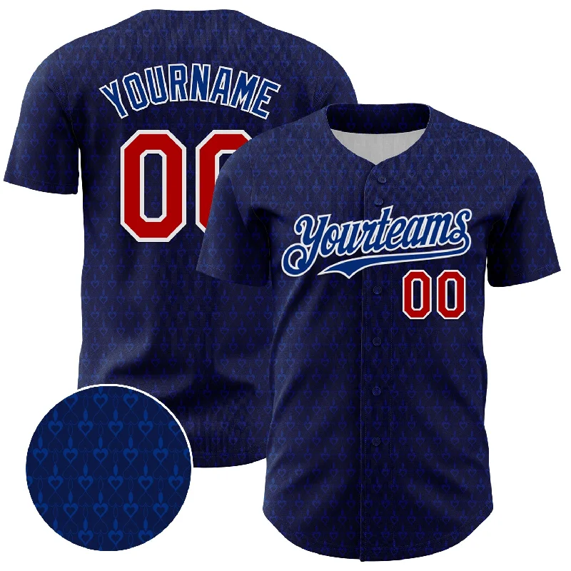 Baseball Jersey With Vintage Logos-Custom Navy Red-Royal 3D Pattern Design Hearts Authentic Baseball Jersey