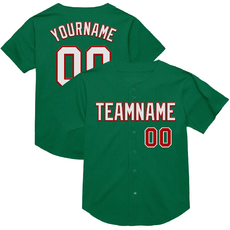 Baseball Jersey With Metallic Numbers-Custom Kelly Green White-Red Mesh Authentic Throwback Baseball Jersey