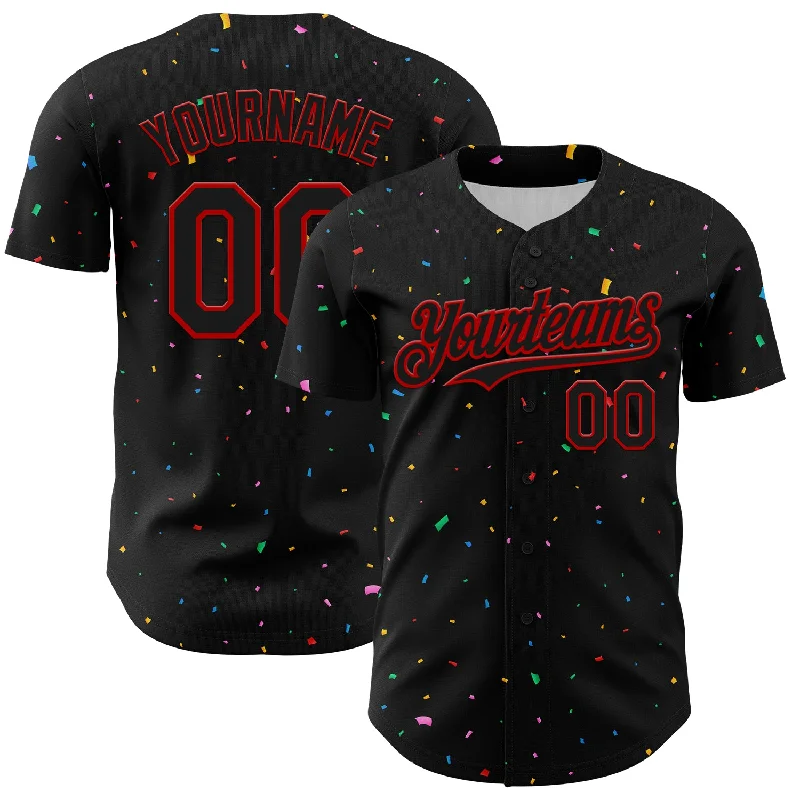 Baseball Jersey With Side Slits-Custom Black Red 3D Pattern Design Confetti Authentic Baseball Jersey