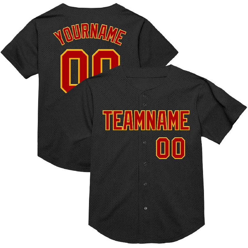 Baseball Jersey With Graffiti-Style Design-Custom Black Red-Gold Mesh Authentic Throwback Baseball Jersey