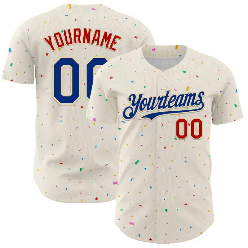 Baseball Jersey With Movie-Inspired Graphics-Custom Cream Royal-Red 3D Pattern Design Confetti Authentic Baseball Jersey