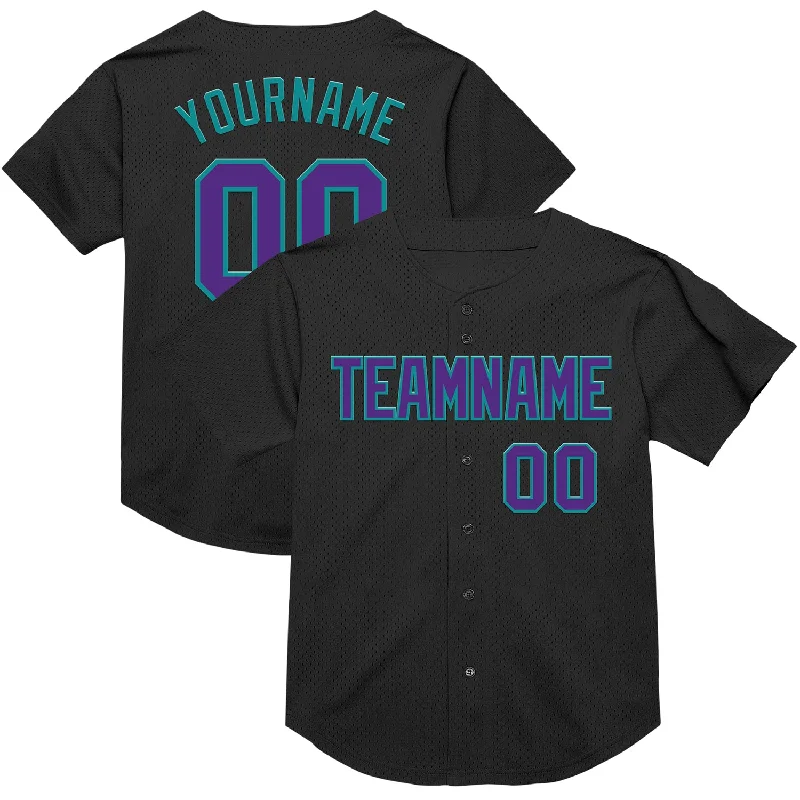 Baseball Jersey For Youth-Custom Black Purple-Teal Mesh Authentic Throwback Baseball Jersey