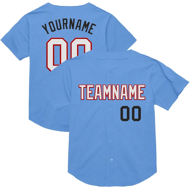 Baseball Jersey With Long Sleeves-Custom Light Blue Red-Black Mesh Authentic Throwback Baseball Jersey