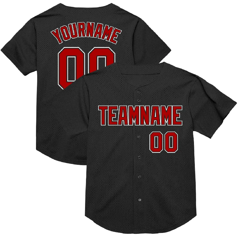 Baseball Jersey With Contrast Collar-Custom Black Red-White Mesh Authentic Throwback Baseball Jersey