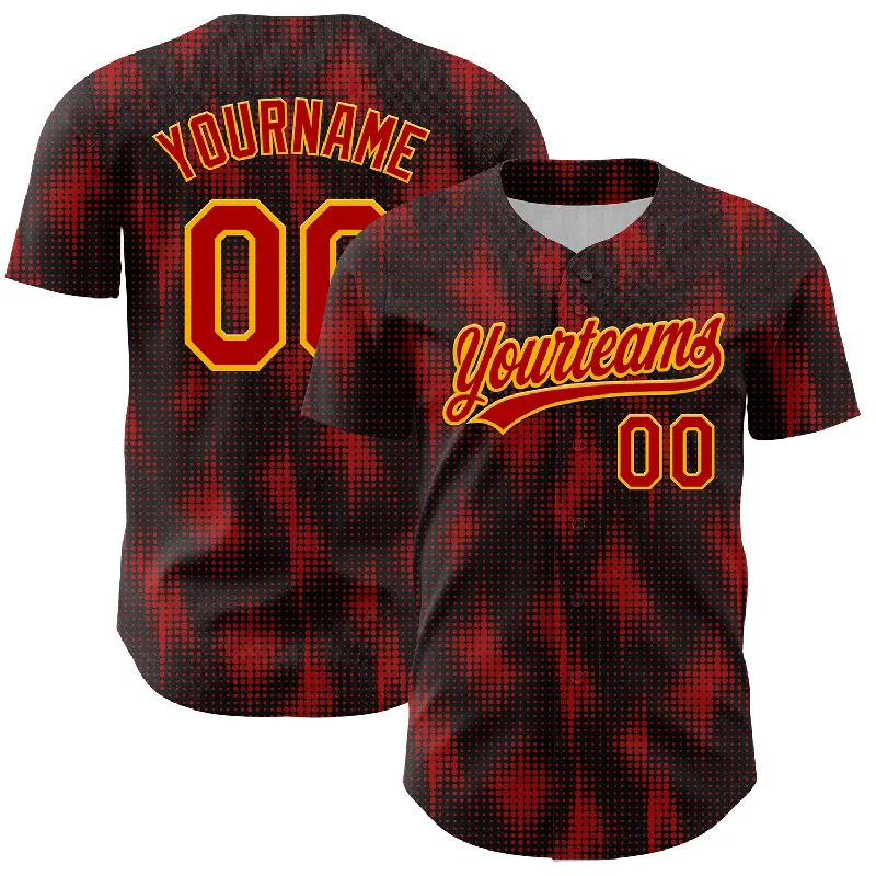 Baseball Jersey With Distressed Look-Custom Black Red-Gold 3D Pattern Design Halftone Dots Authentic Baseball Jersey