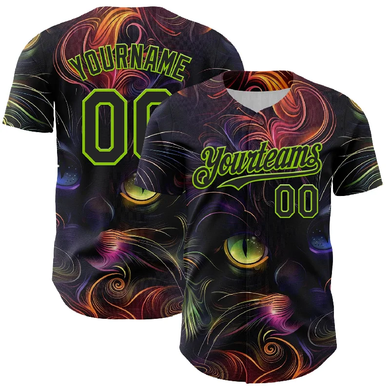 Baseball Jersey With Color Block Design-Custom Black Neon Green 3D Pattern Design Rave Animal Cat Authentic Baseball Jersey