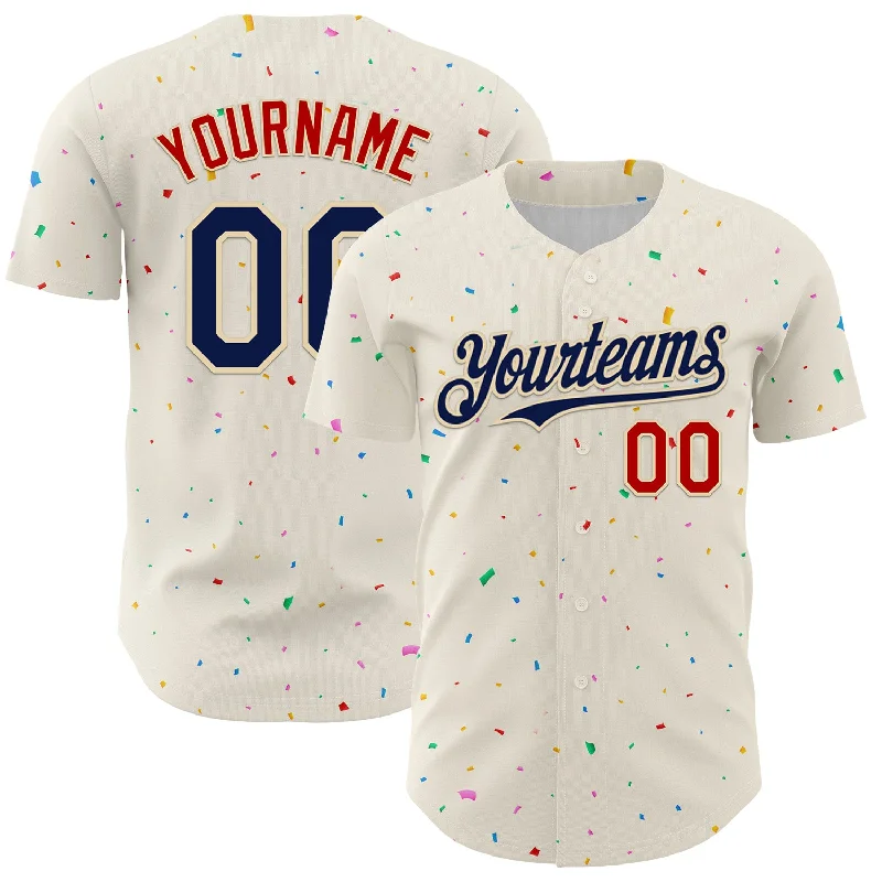 Baseball Jersey With Full Button Front-Custom Cream Navy-Red 3D Pattern Design Confetti Authentic Baseball Jersey