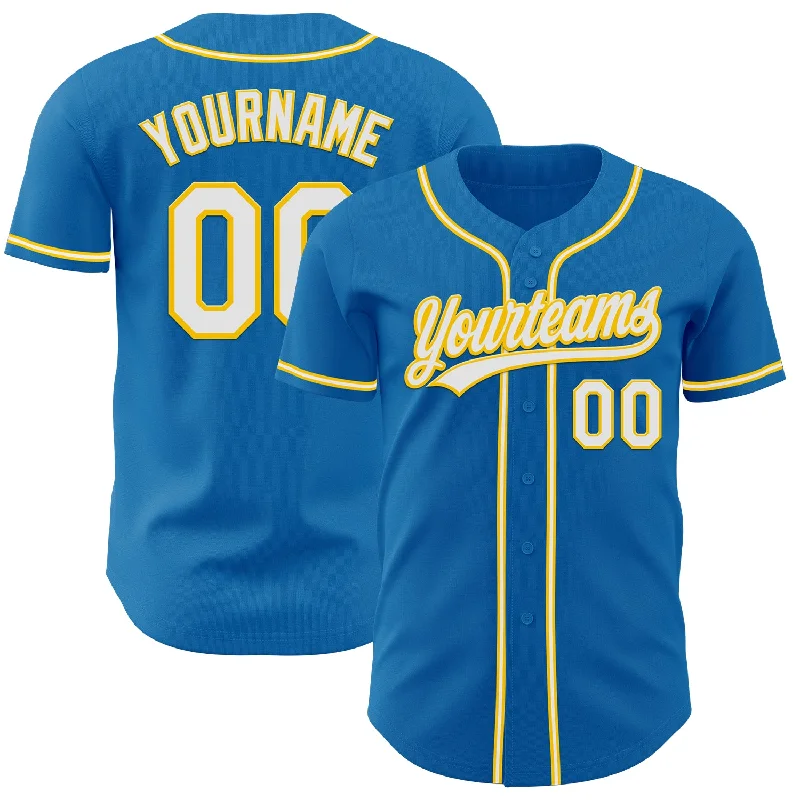 Baseball Jersey With Glow-In-The-Dark Print-Custom Blue White-Yellow Authentic Baseball Jersey