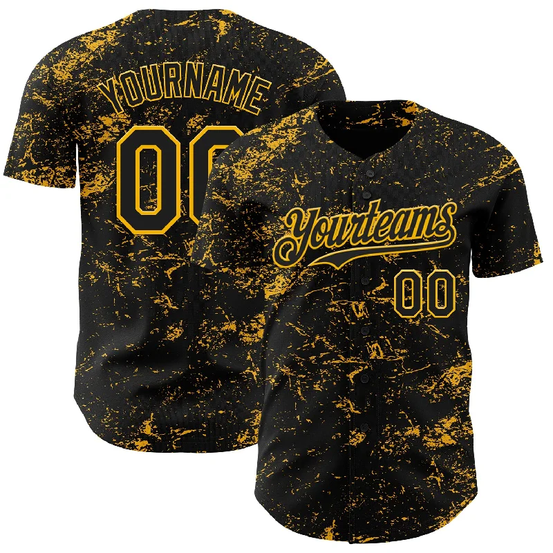 Baseball Jersey With Color Block Design-Custom Black Gold 3D Pattern Design Abstract Splatter Texture Authentic Baseball Jersey