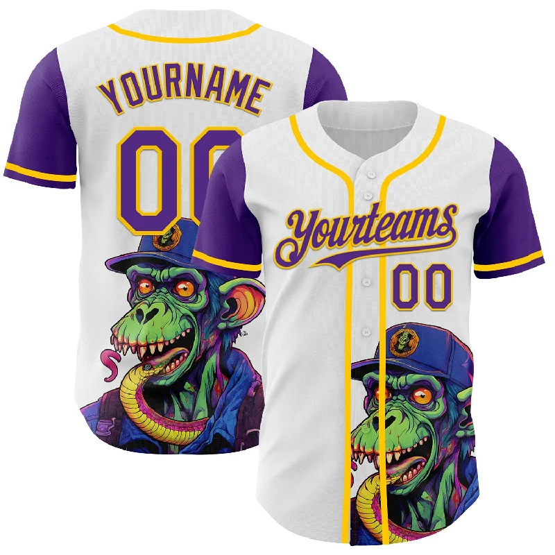 Baseball Jersey With Hidden Pockets-Custom White Purple-Yellow 3D Pattern Design Rave Monster Authentic Baseball Jersey