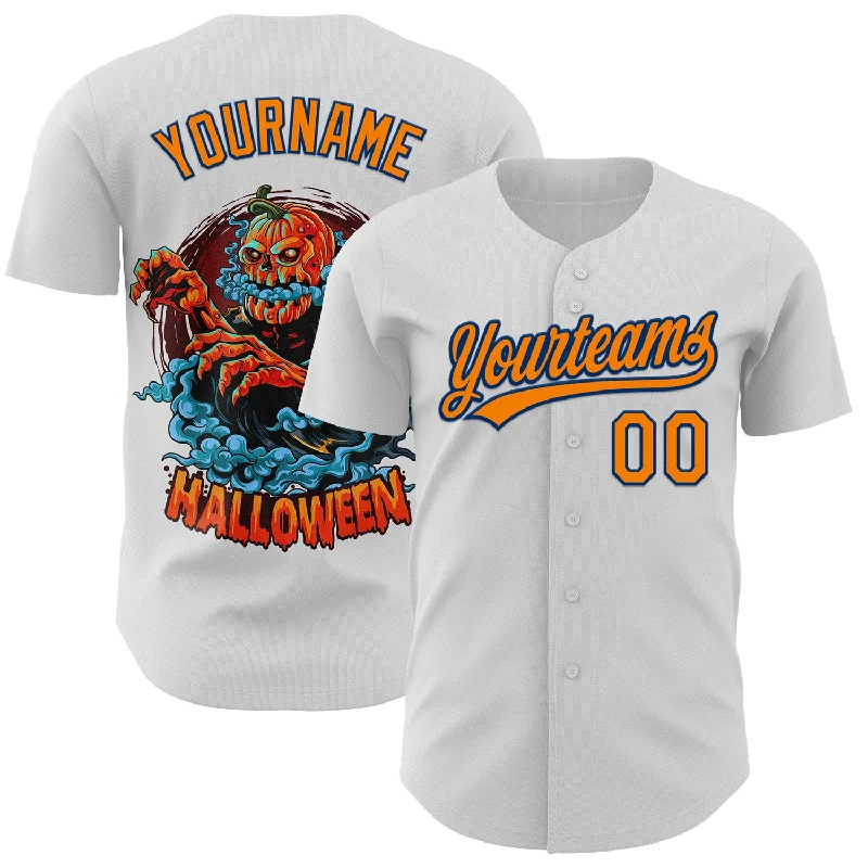 Baseball Jersey With Oversized Fit-Custom White Bay Orange-US Navy Blue 3D Pattern Halloween Authentic Baseball Jersey