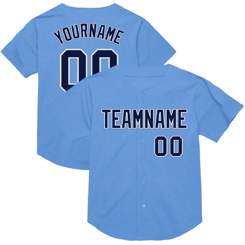 Baseball Jersey With Printed Letters-Custom Light Blue Navy-White Mesh Authentic Throwback Baseball Jersey