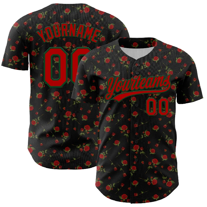 Baseball Jersey For College-Custom Black Red-Green 3D Pattern Design Gothic Style Rose Authentic Baseball Jersey