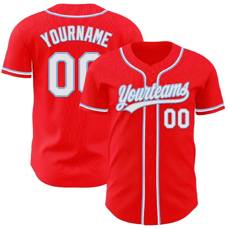 Baseball Jersey With Side Slits-Custom Fire Red White-Light Blue Authentic Baseball Jersey