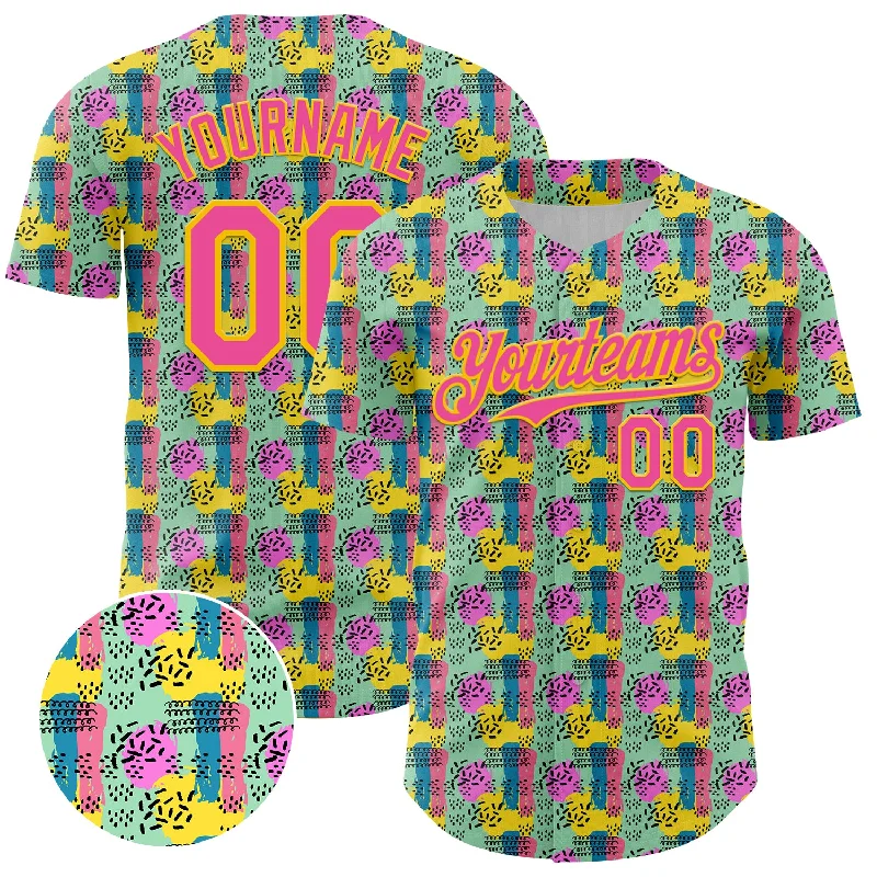 Baseball Jersey With Elastic Cuffs-Custom Green Pink-Yellow 3D Pattern Design Color Brush Blocks Authentic Baseball Jersey