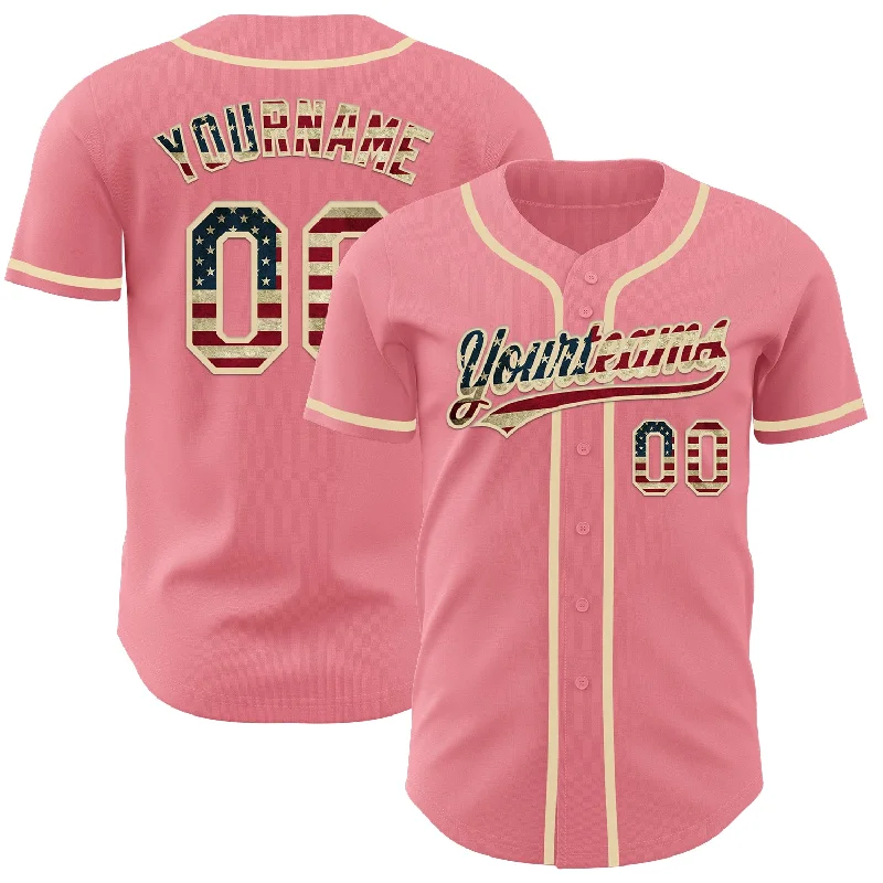 Baseball Jersey With Quick-Dry Material-Custom Medium Pink Vintage USA Flag-Cream Authentic Baseball Jersey