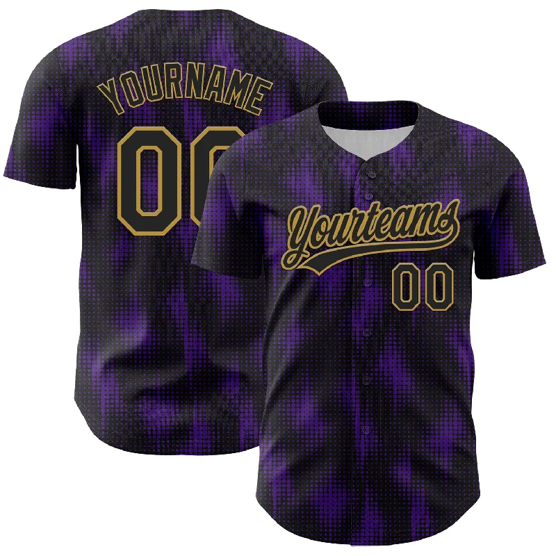 Baseball Jersey With Asymmetrical Design-Custom Black Purple-Old Gold 3D Pattern Design Halftone Dots Authentic Baseball Jersey