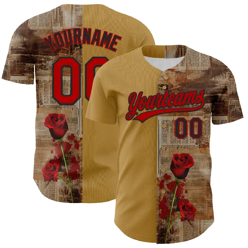 Baseball Jersey With Sustainable Fabric-Custom Old Gold Red-Black 3D Pattern Design Gothic Style Rose Authentic Baseball Jersey