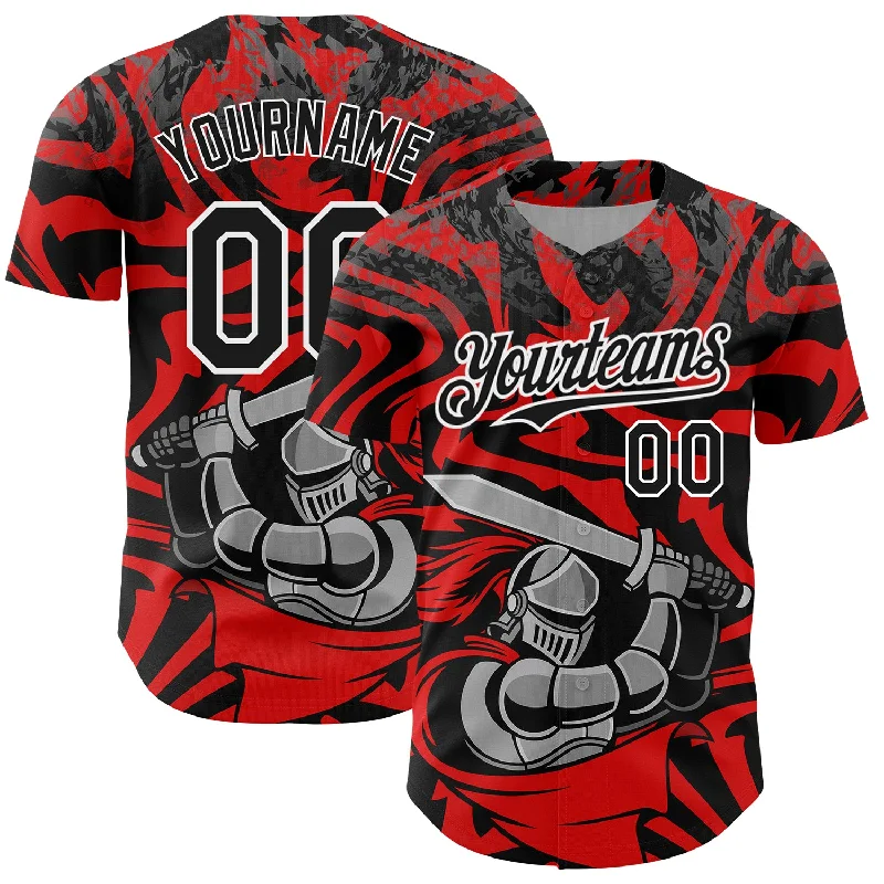 Baseball Jersey With Wrinkle-Free Fabric-Custom Red Black-White 3D Pattern Design Knight Hero Art Authentic Baseball Jersey