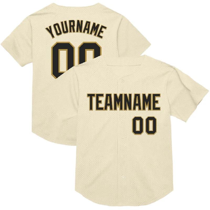 Baseball Jersey With Wrinkle-Free Fabric-Custom Cream Black-Old Gold Mesh Authentic Throwback Baseball Jersey