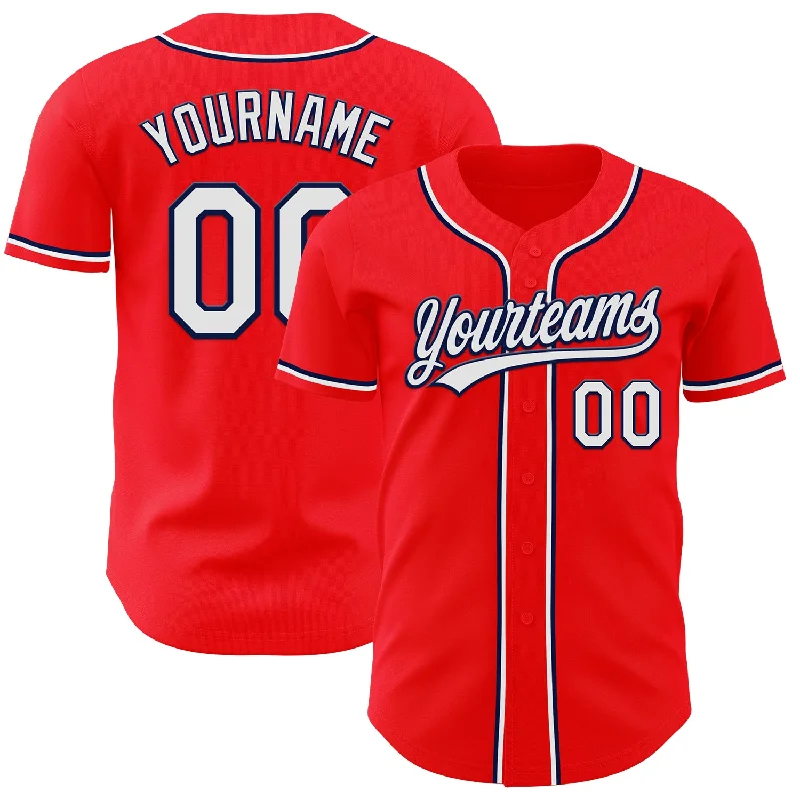 Baseball Jersey With Reinforced Shoulders-Custom Fire Red White-Navy Authentic Baseball Jersey