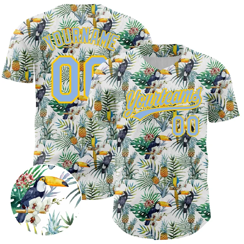 Baseball Jersey With Worn-In Effect-Custom White Light Blue-Yellow 3D Pattern Design Animal Toucan And Tropical Hawaii Palm Leaves Authentic Baseball Jersey