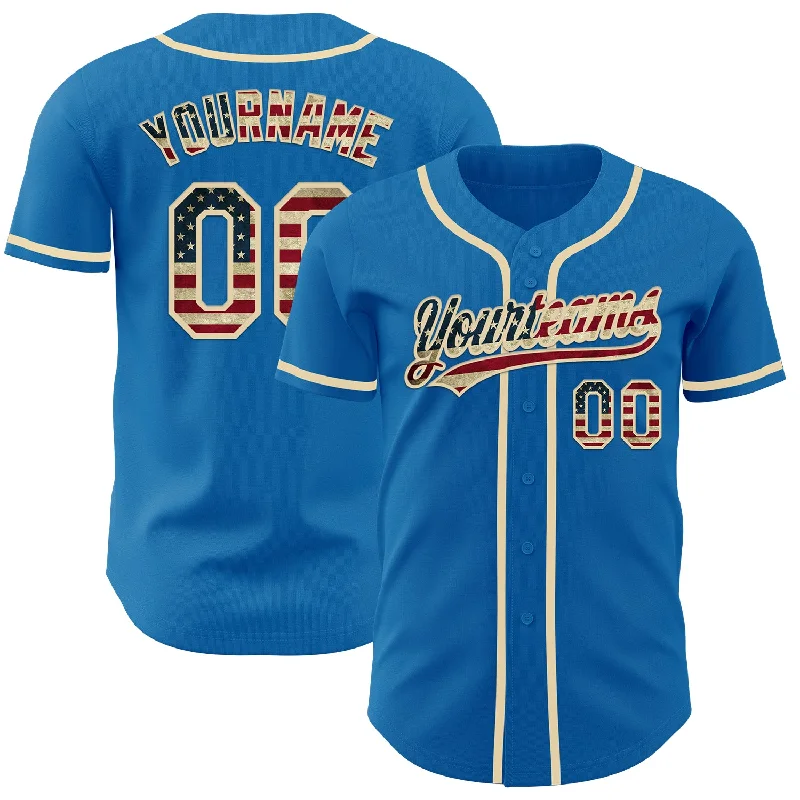 Baseball Jersey With Varsity Style-Custom Blue Vintage USA Flag-Cream Authentic Baseball Jersey