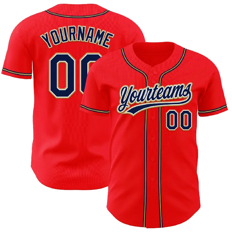 Baseball Jersey With Asymmetrical Design-Custom Fire Red Navy-Old Gold Authentic Baseball Jersey