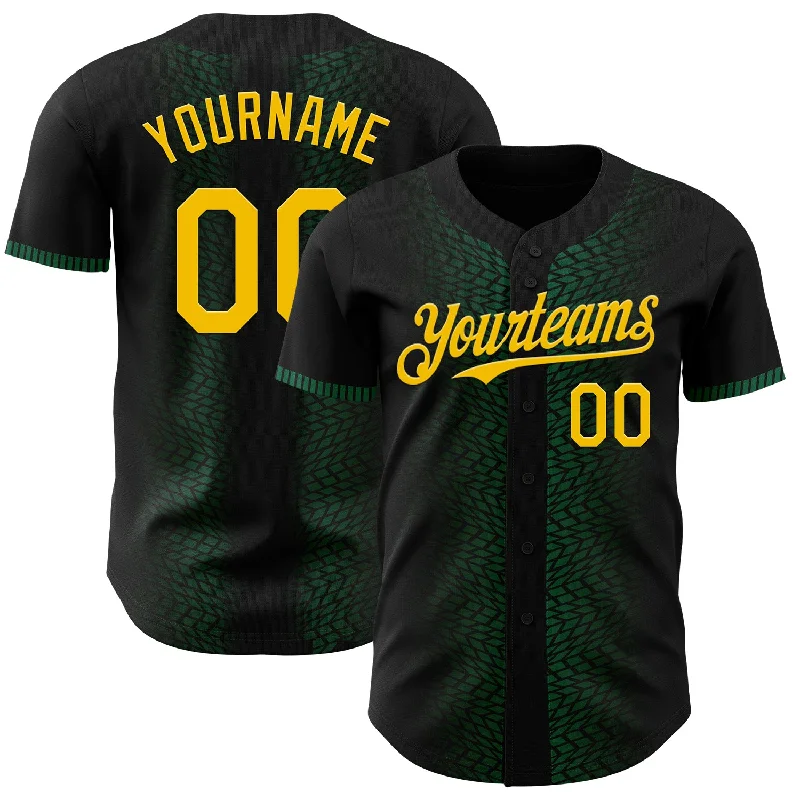 Baseball Jersey With Mesh Fabric-Custom Black Yellow-Kelly Green 3D Pattern Design Geometric Shapes Authentic Baseball Jersey