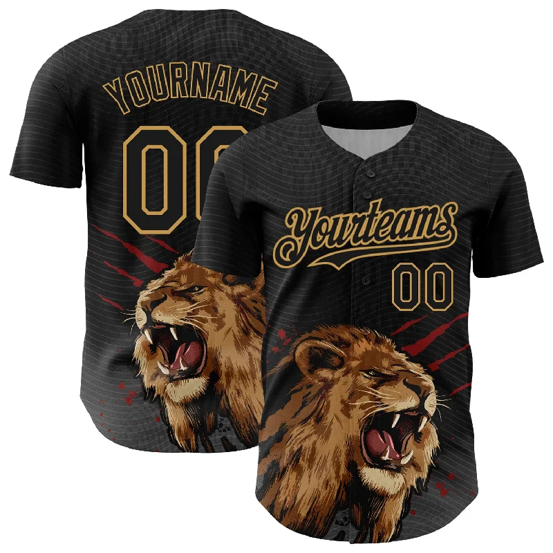 Baseball Jersey With UV Resistance-Custom Black Old Gold 3D Pattern Design Animal Lion Authentic Baseball Jersey