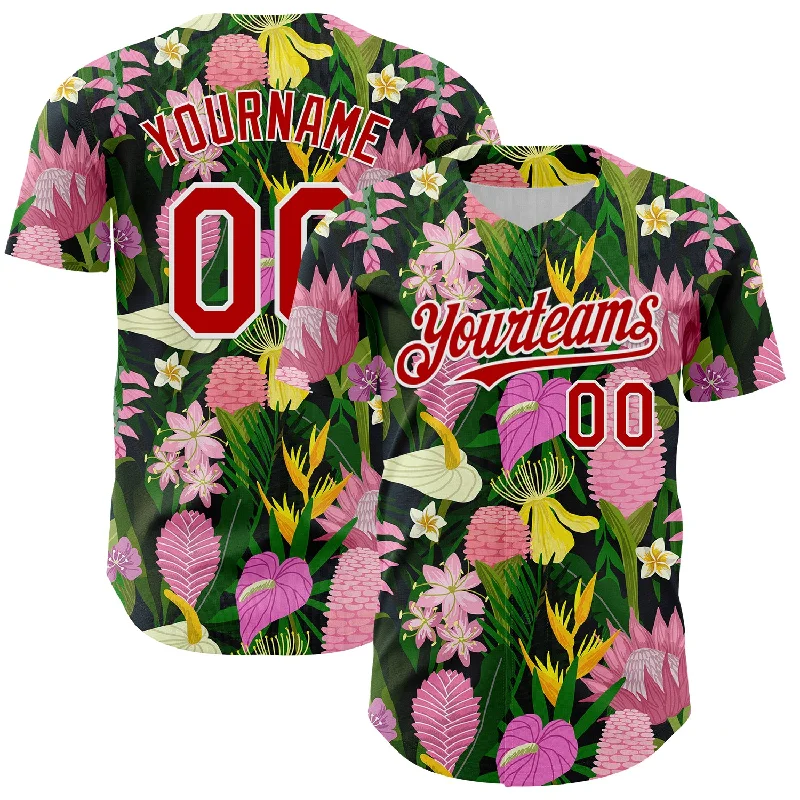 Baseball Jersey With Snap-Front Closure-Custom Kelly Green Red-White 3D Pattern Design Tropical Anthurium Flower Authentic Baseball Jersey